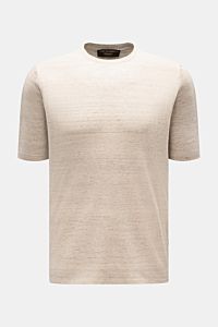 Filippo de Laurentiis Feinstrick-Kurzarmpullover beige meliert, Slim Fit, Rundhalsausschnitt, Rippbündchen, aus Leinen-Baumwoll-Mix, frontal fotografiert.