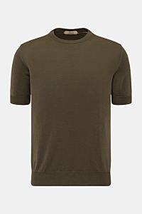 Aurélien Merino Kurzarmpullover oliv frontal fotografiert, Slim Fit, Strick aus Merinowolle, weicher Griff, Rundhalsausschnitt, Rippbündchen.