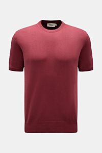 Altea Kurzarmpullover bordeaux, Slim Fit, reine Baumwolle, weicher Griff, Rundhalsausschnitt, Rippbündchen, feines Strickbild, Frontansicht.