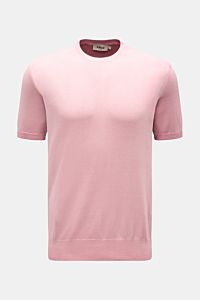 Altea Kurzarmpullover rosé, Slim Fit, reine Baumwolle, weicher Griff, Rundhalsausschnitt, feines Strickbild, Rippbündchen, Frontalansicht.