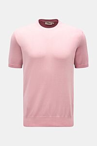 Altea Kurzarmpullover rosé aus reiner Baumwolle, Slim Fit, Rundhalsausschnitt, weicher Griff, feines Strickbild, Rippbündchen, Frontansicht.