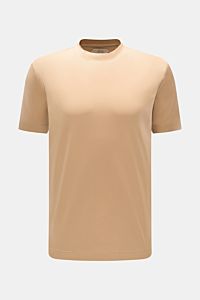 Aurélien Rundhals-T-Shirt beige, frontale Ansicht, Slim Fit, reine Baumwolle, weicher Griff, Rundhalsausschnitt, kurze Saumschlitze.
