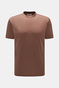 Aurélien Rundhals-T-Shirt braun, Slim Fit, reine Baumwolle, weicher Griff, kurze Saumschlitze, Rundhalsausschnitt, Frontansicht.