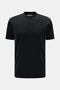 Frontansicht des Aurélien Rundhals-T-Shirt schwarz, Slim Fit aus reiner Baumwolle mit weichem Griff, Rundhalsausschnitt und kurzen Saumschlitzen.