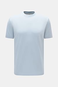 Aurélien Rundhals-T-Shirt hellblau, slim Fit, reine Baumwolle, weicher Griff, kurze Saumschlitze, Rundhalsausschnitt, frontale Ansicht.