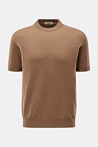 Front view of Aurélien Short sleeve jumper 'Cashwool' brown mottled, a spring essential in pure merino wool with a slim fit, crew neck, soft feel, fine knit, ribbed bands, and metal label on hem.