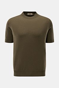 Front view of Aurélien Short sleeve jumper 'Cashwool' dark olive, a slim fit, pure merino wool spring essential with crew neck, soft fine knit, ribbed bands, and metal label on hem.