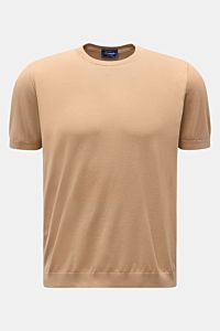 Drumohr Kurzarmpullover hellbraun, Slim Fit, aus feiner Baumwolle, weicher Griff, elastische Rippbündchen, Frontalansicht, Italien gefertigt.