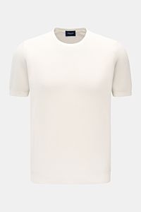 Front view of Drumohr Short sleeve jumper off-white, a slim fit Italian-made short sleeve jumper in soft pure cotton with elasticated ribbed bands. 

Description: 
A fine essential from label DRUMOHR: This Italian-made short sleeve jumper is made of co