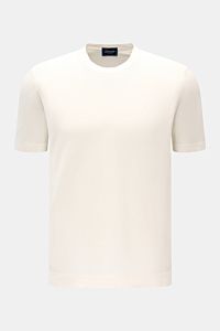 Front view of Drumohr T-shirt off-white, a fine knit cotton crew neck with regular fit and very soft feel, an elegant basic for comfort.

Description: A basic with maximum comfort: This elegant T-shirt by DRUMOHR made of cotton in a comfortable fine kn