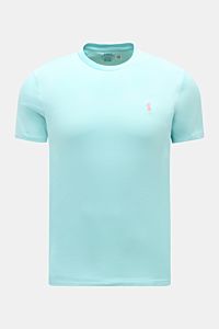 Polo Ralph Lauren Rundhals-T-Shirt türkis, frontale Nahaufnahme, extra Slim Fit, weiche Baumwolle, Logo-Stitching, Rundhalsausschnitt.