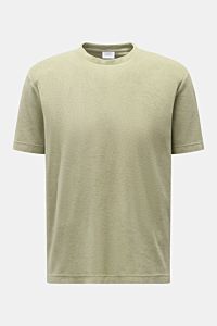 Front view of the 04651/ A trip in a bag Terry T-shirt 'Terry Tee' sage in soft pure cotton terrycloth, crew neck, regular fit, with a small woven label in the side seam.  
The clean T-shirt 'Terry Tee' by 04651/ A TRIP IN A BAG is made of soft terry i