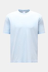 Front view of 04651/ A trip in a bag Terry T-shirt 'Terry Tee' pastel blue, made of soft pure cotton terrycloth with crew neck, regular fit, and small woven label in side seam, perfect everyday basic for beach or city.