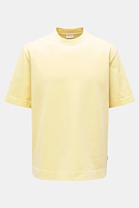 Frontale Nahaufnahme des 04651/ A trip in a bag Rundhals-T-Shirts pastellgelb aus robuster, schwerer Baumwolle mit Regular Fit, Rundhalsausschnitt und kleinem Weblabel.