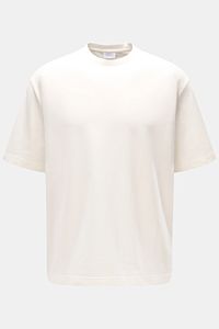 Front view of the 04651/ A trip in a bag Crew neck T-shirt 'If Tee' cream, an oversized, heavy fabric cotton jersey tee with a crew neck and side seam woven label.  

The uncomplicated cotton T-shirt 'IF Tee' by 04651/ A TRIP IN A BAG is a core basic f