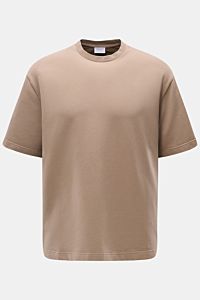 Front view of the 04651/ A trip in a bag Crew neck T-shirt 'If Tee' taupe, a relaxed oversized cotton tee with heavy fabric and soft feel.