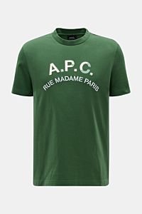 Front view of A.P.C. Rundhals-T-Shirt dunkelgrün, made of soft pure cotton jersey with a regular fit and round neckline, featuring vintage-style A.P.C. logo stitching on the chest.

Description: Legere Sommerlooks von A.P.C.: Aus weichem Baumwoll-Jerse