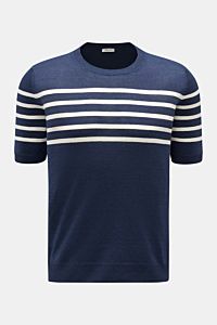 Gran Sasso Kurzarmpullover navy/offwhite gestreift, frontale Ansicht, Leinen-Baumwoll-Mix, weicher Griff, Rundhalsausschnitt, flexible Rippbündchen, maritimes Streifenmuster.