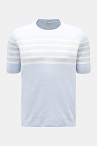 Gran Sasso Kurzarmpullover hellblau/offwhite gestreift, frontal fotografiert, aus Leinen-Baumwoll-Mix mit Rundhalsausschnitt, weichem Griff und feinem Strickbild.