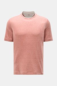 Brunello Cucinelli Rundhals-T-Shirt hellrot meliert/creme shown from front, soft linen-cotton blend, regular fit, crew neck.

BRUNELLO CUCINELLI liefert mit diesem komfortablen T-Shirt aus luxuriöser Leinen-Baumwollmischung ein unverzichtbares Basic fü