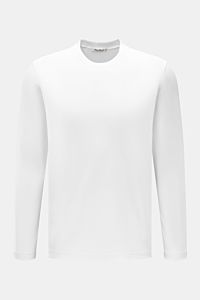 Front view of Stefan Brandt Rundhals-Longsleeve 'Eli' weiß, a slim fit long sleeve in white made from organic Pima cotton, fine jersey quality, very soft silky feel, and round neckline. Die Jersey-Essentials von STEFAN BRANDT punkten mit der exklusiven Ve