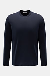 Front view of Stefan Brandt Rundhals-Longsleeve 'Eli' dark navy, made of soft organic Pima cotton jersey, slim fit with round neckline. Die Jersey-Essentials von STEFAN BRANDT punkten mit der exklusiven Verarbeitung hochwertiger organischer Pima-Baumwo