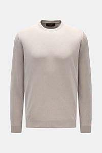 Filippo de Laurentiis Rundhalspullover hellgrau, slim fit, feines Strickbild, Rundhalsausschnitt, weiche Baumwolle, frontale Ansicht, komfortable Bündchen.