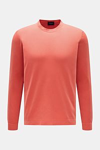 Drumohr Feinstrickpullover hellrot, Slim Fit, aus ultra feiner Baumwolle, Rundhalsausschnitt, flache Bündchen, frontal fotografiert.
