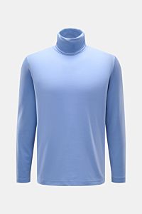 04651/ A trip in a bag Merino Rollkragenpullover blau, Slim Fit, feiner Jersey aus reiner Merinowolle, elastisch und weich, Frontansicht.