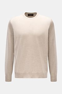 Front view of Filippo de Laurentiis Crew neck jumper beige mottled, a slim fit fine knit jumper with ribbed bands.

Summery knitwear: With this jumper in a fine silk-cashmere blend, FILIPPO DE LAURENTIIS presents a comfortably lightweight version that 