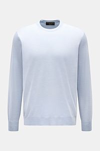 Front view of Filippo de Laurentiis Crew neck jumper pastel blue mottled, showcasing summery knitwear in a fine silk-cashmere blend with a slim fit, crew neck, fine knit, very soft feel, and comfortable ribbed bands.