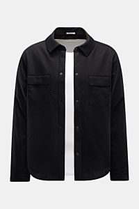 Vorderansicht des 04651/ A trip in a bag Wende-Overshirt schwarz aus Wolle, Cashmere und Microfaser, Slim Fit, beidseitig tragbar, Druckknopfleiste, Umlegekragen, Brusttaschen mit Patte, Taschen in der Seitennaht, leichter Stretch, Wattierung, weicher Gri