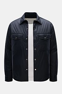 Front view of Windsor Overshirt 'Paride' navy in slim fit, made of high-quality microfiber with smooth touch, snap button placket, flap chest pockets, side seam pockets, snap cuff, and smooth lining. Stylish companion for transitional seasons, offering re