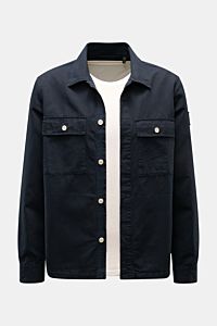 Belstaff Overshirt 'Maritime' navy shown from the front, slim fit cotton-linen blend, narrow collar, concealed buttons, patch breast pockets, barrel cuffs, woven label on sleeve.