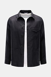Boglioli Leinen Overshirt navy, frontal fotografiert, Slim Fit, reines Leinen, feiner Twill, Umlegekragen, fünf Knöpfe, Brust- und Hüfttaschen, Knopfärmel, Unconstructed Design.