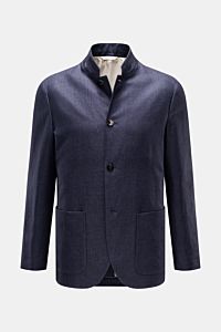 Agnona Sakko navy meliert, halb gefüttert, Slim Fit aus reinem Leinen, tailliert mit Vier-Knopf-Stil, fallendem Revers, Hüfttaschen, Seitenschlitzen, frontal fotografiert.