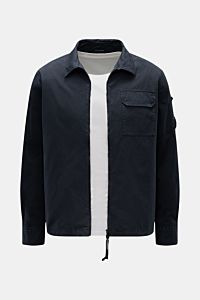 Front view of C.P. Company Overshirt navy in slim fit, lightweight pure cotton with two-way zipper, chest pocket, logo sleeve pocket, cuffed sleeves.