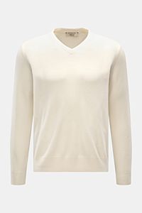 Fioroni Cashmere V-Neck Pullover creme, frontal fotografiert, Slim Fit, reiner Baby-Cashmere, sehr weich, feines Strickbild, flexible Rippbündchen.