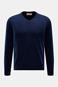 Fioroni Cashmere V-Neck Pullover navy, frontale Ansicht, Slim Fit, reiner Baby-Cashmere, sehr weich, feines Strickbild, flexible Rippbündchen, Luxus spürbar.
