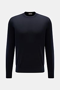 Agnona Rundhalspullover dark navy, Slim Fit, feines Strickbild, reine Wolle, Rundhalsausschnitt, Rippbündchen, frontal fotografiert.