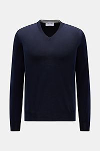 Gran Sasso V-Neck Pullover navy shown from the front, slim fit with V-neck, soft pure wool knit, lightweight, fine texture, ribbed cuffs.
