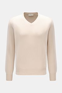 Bruno Manetti Cashmere V-Neck Pullover sand, frontale Ansicht, weicher Cashmere, feines Strickbild, Regular Fit, V-Ausschnitt, Rippbündchen.
