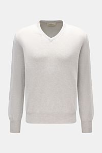 Bruno Manetti Cashmere V-Neck Pullover hellgrau meliert, frontale Aufnahme, weicher Griff, feines Strickbild, Regular Fit, Rippbündchen, V-Ausschnitt, reiner Cashmere.