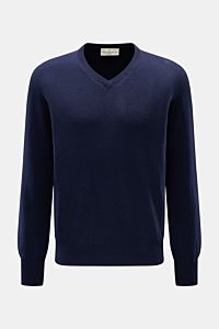 Bruno Manetti Cashmere V-Neck Pullover navy, frontale Nahaufnahme, weicher, reiner Cashmere mit feinem Strickbild, Regular Fit, Rippbündchen, V-Ausschnitt.