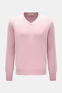 Bruno Manetti Cashmere V-Neck Pullover rosé, frontal in Regular Fit, weicher Griff, feines Strickbild, V-Ausschnitt, Rippbündchen, reiner Cashmere.