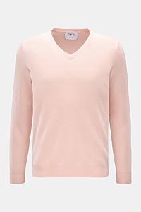 FTC Cashmere V-Neck Pullover rosé, Slim Fit mit V-Ausschnitt, feinem Strickbild, weichem Griff und Rippbündchen, frontal fotografiert, Fair-Trade-Cashmere.