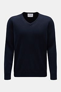 FTC Cashmere V-Neck Pullover navy, frontal fotografiert, Slim Fit mit feinem Strickbild, weicher Griff, V-Ausschnitt, Rippbündchen, Fair-Trade-Cashmere.