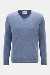 FTC Cashmere V-Neck Pullover rauchblau meliert, Slim Fit, feines Strickbild, V-Ausschnitt, Rippbündchen, nachhaltiger Fair-Trade-Cashmere, Frontansicht.