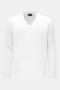 Drumohr V-Neck Pullover weiß, frontale Ansicht, Slim Fit, V-Ausschnitt, leichte Bouclé-Struktur, weiche Baumwolle, breite Rippbündchen.