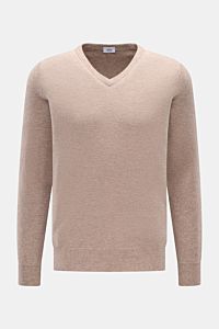 von Braun Cashmere V-Neck Pullover beige meliert, Slim Fit, feines Strickbild, V-Ausschnitt, elastische Rippbündchen, weicher Griff, frontale Nahaufnahme